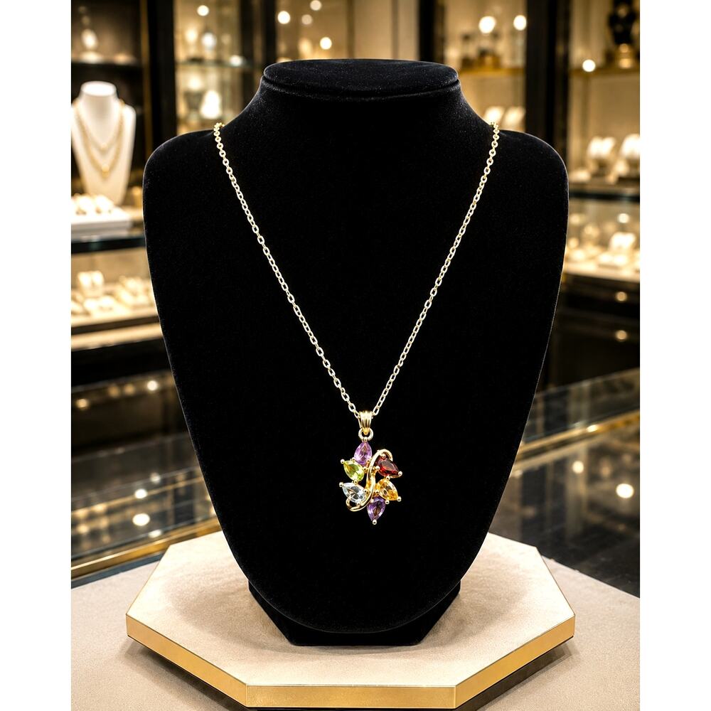 Vintage PAJ BB Gold Tone Multicolor Crystal Floral Pendant Necklace